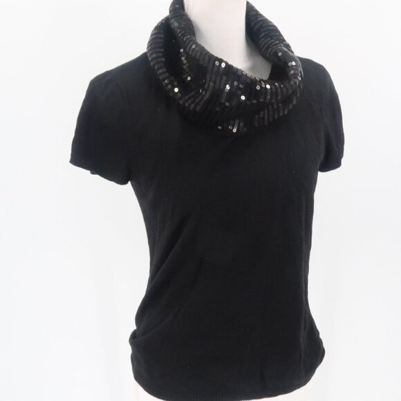 Michael Kors Black Short Sleeve Sweater w Sequin Cowl Neck Size Medium - Picture 1 of 10